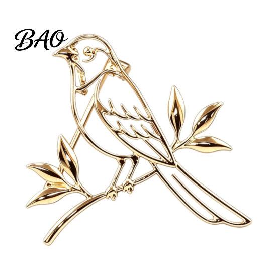 Elegant Bird Brooch Golden Plated Hollow Brooch, Standing on Branch Lapel Pin, Hats Bags Scarves Clothes Decorative Accessory Women Dresses Jewelry