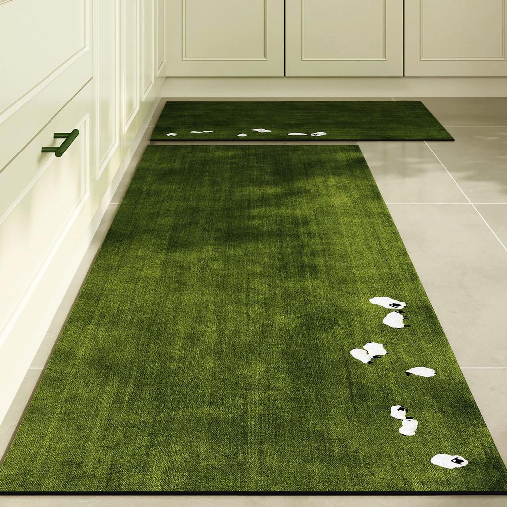 Green Grass Pattern Runner Rug Durable Cute Sheep Zebra Animal Design Non Slip Washable Carpet for Kitchen Corridor Home Decor