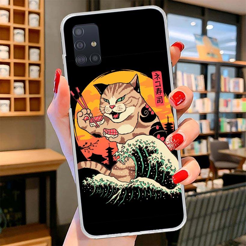 Ramen Sushi Samurai Tattoo Cat Cover Phone Case For Samsung Galaxy A12 A22 A32 A52 A72 A02S Phone Case Note 20 Ultra 10 S10 Plus