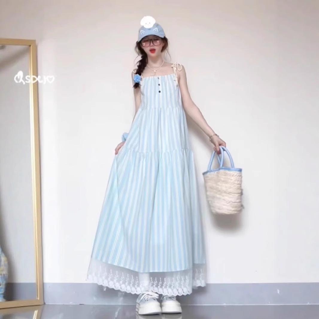 

French blue striped suspender dress children s summer new year small seaside vacation dress S светло-синий