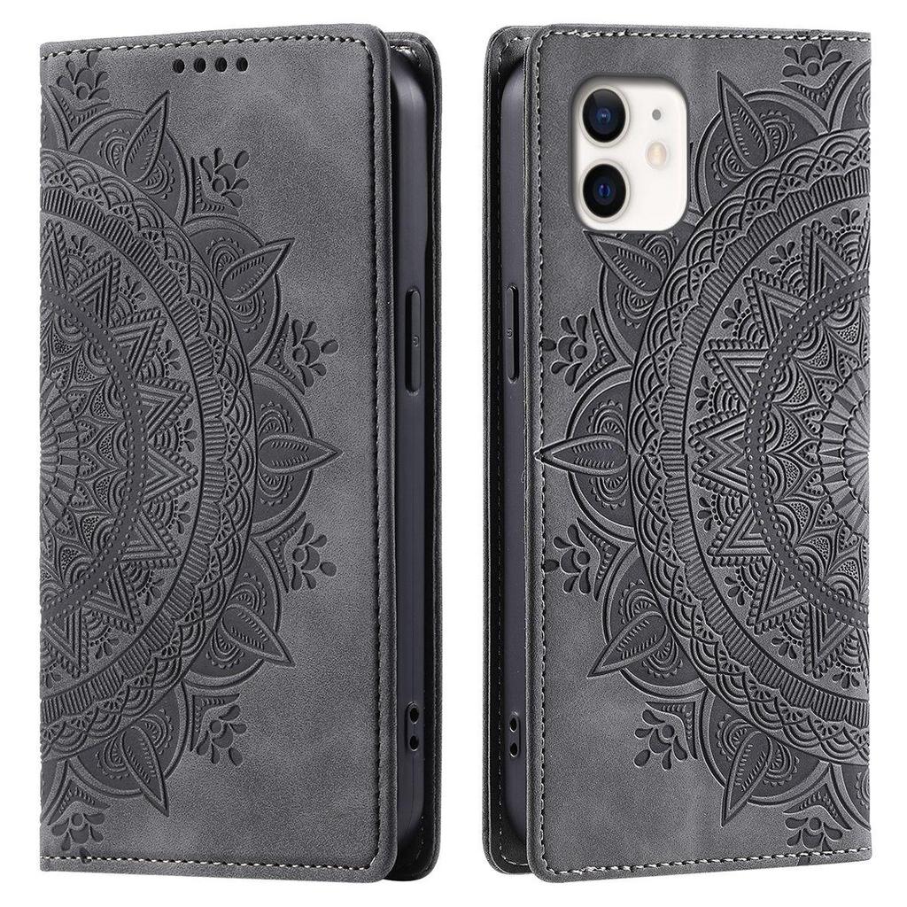 for iPhone 12 Mini Mandala Embossed PU Leather Flip Wallet Case Magnetic Closure Cover
