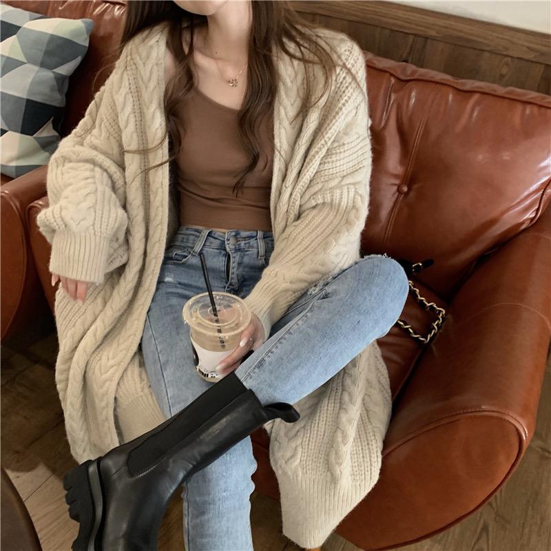 Womens Cardigan Long Sleeve Cable Knit Sweater Open Front Loose Outwear Drop Shoulder Maxi Sweater