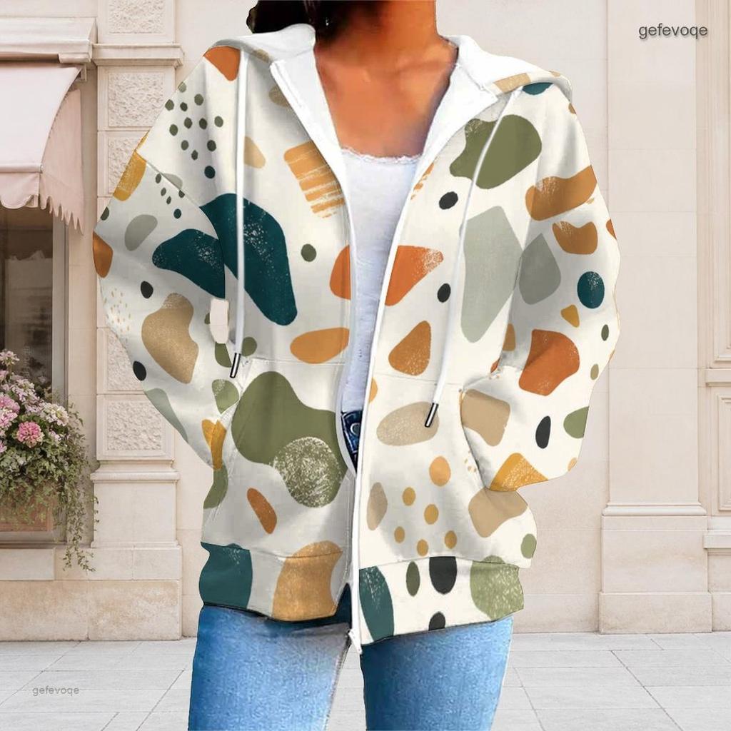 Women Plus Size Geometric Printed Zip Up Hoodie Long Sleeve Drawstring Hood With Pockets