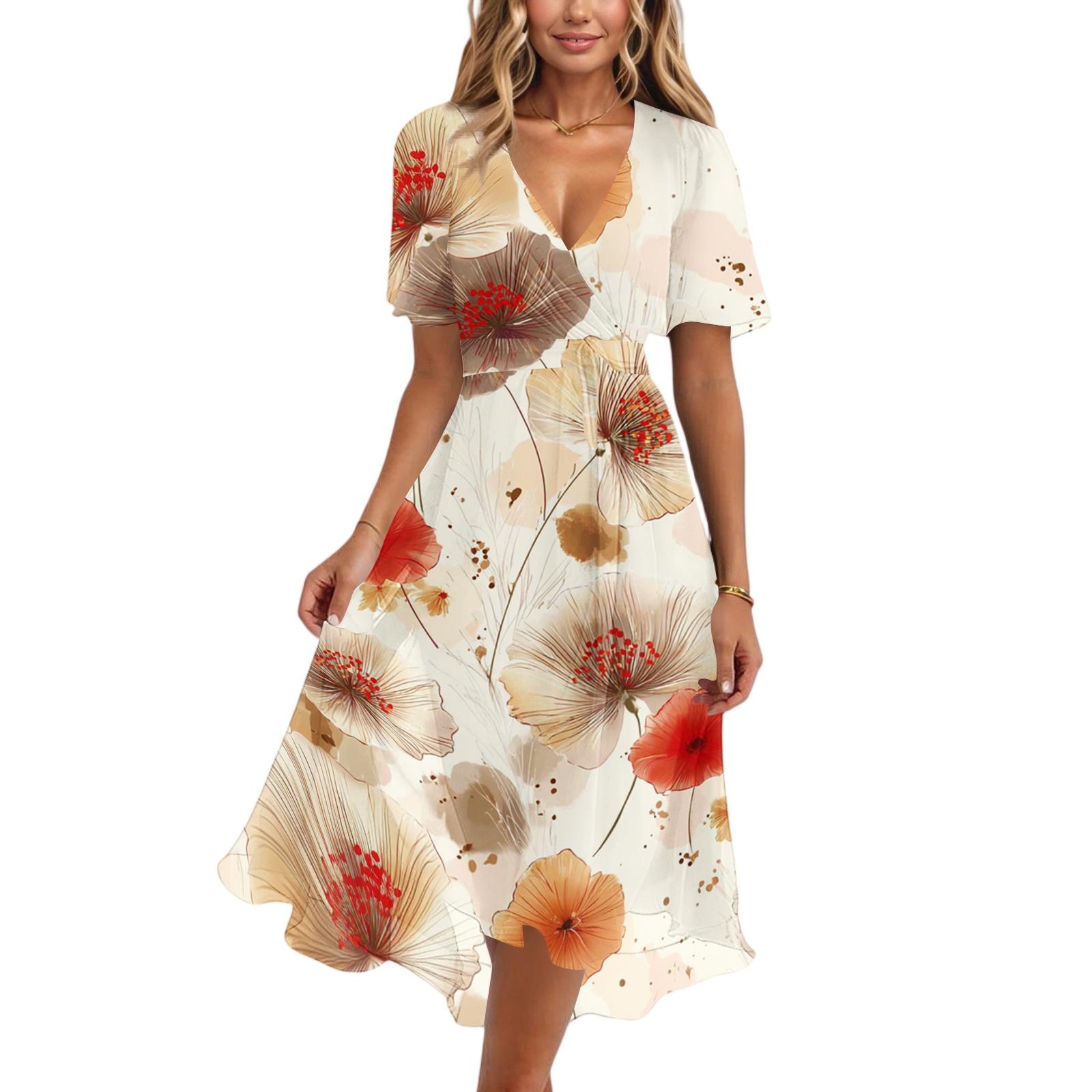 

Women Casual V Neck Short Sleeve Floral Print Dress Vintage Style Midi Length Wrap Dress for Daily Wear XXL тёмно-синий