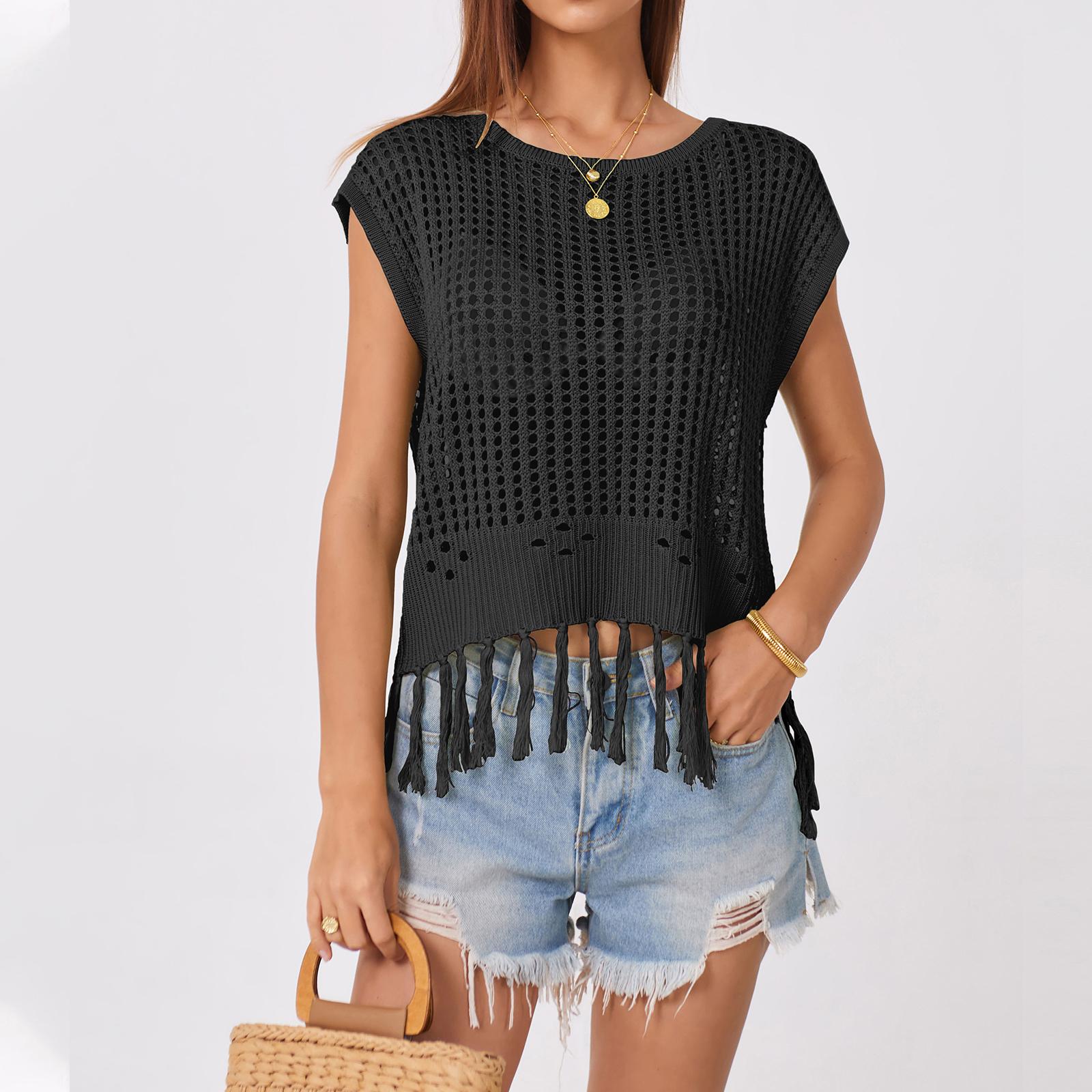 

Women s Tassel Beach Knit Crewneck Top L чёрный