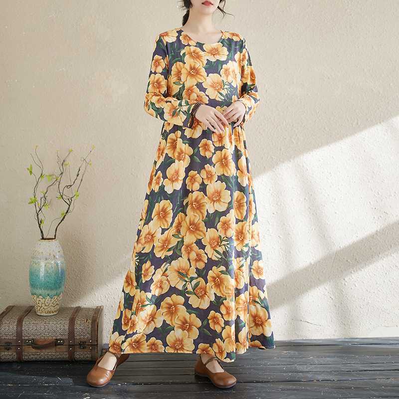New Floral Vacation Style Travel Round Neck Vintage Long Flesh Covering Dresses