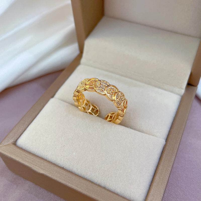 Real Gold Couple Ring, Women'S Tide Fashion Luxury Adjustable Opening Ring, Cold Wind Index Finger Ring