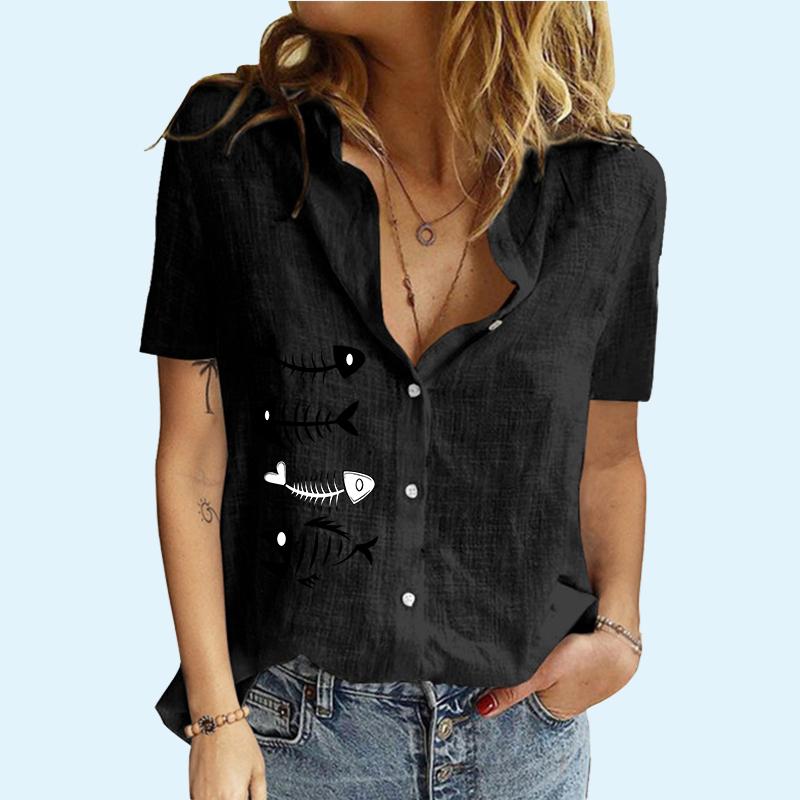 

Женская мода с коротким рукавом, осенне-летняя повседневная футболка с воротником с лацканами, хлопковый льняной кардиган с принтом, блузки S чёрный