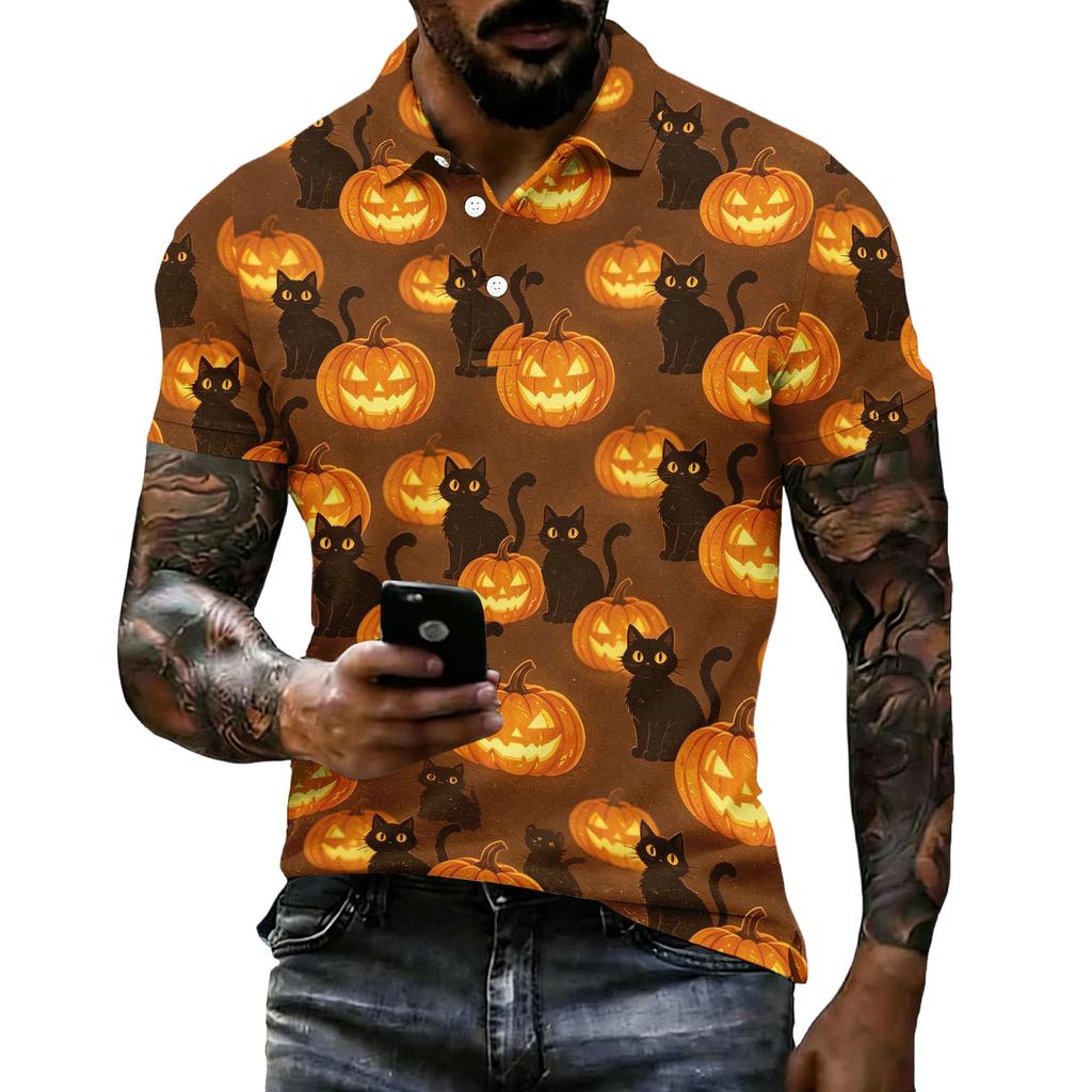 Unisex Loose Fit Casual Short Sleeve Polo Shirt with Halloween Themed Print Pullover Design for Everyday Wear