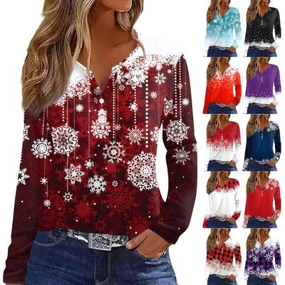 Women's T Shirt Tee Christmas Print Button Long Sleeve Daily Weekend Fashion Basic V- Neck Regular Top