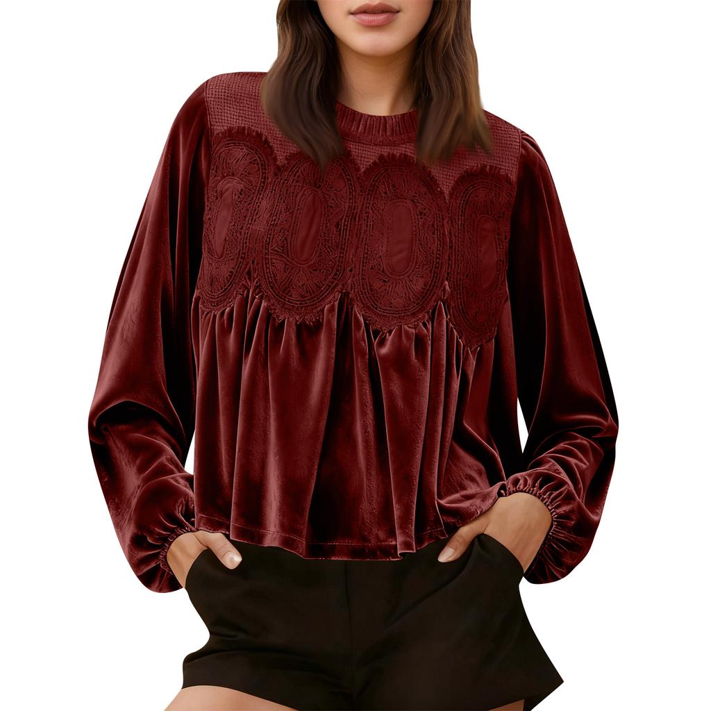 Loose-fitting, Slimming Mid-length Long-sleeved Solid Color Top With Mesh And Velvet Splicing