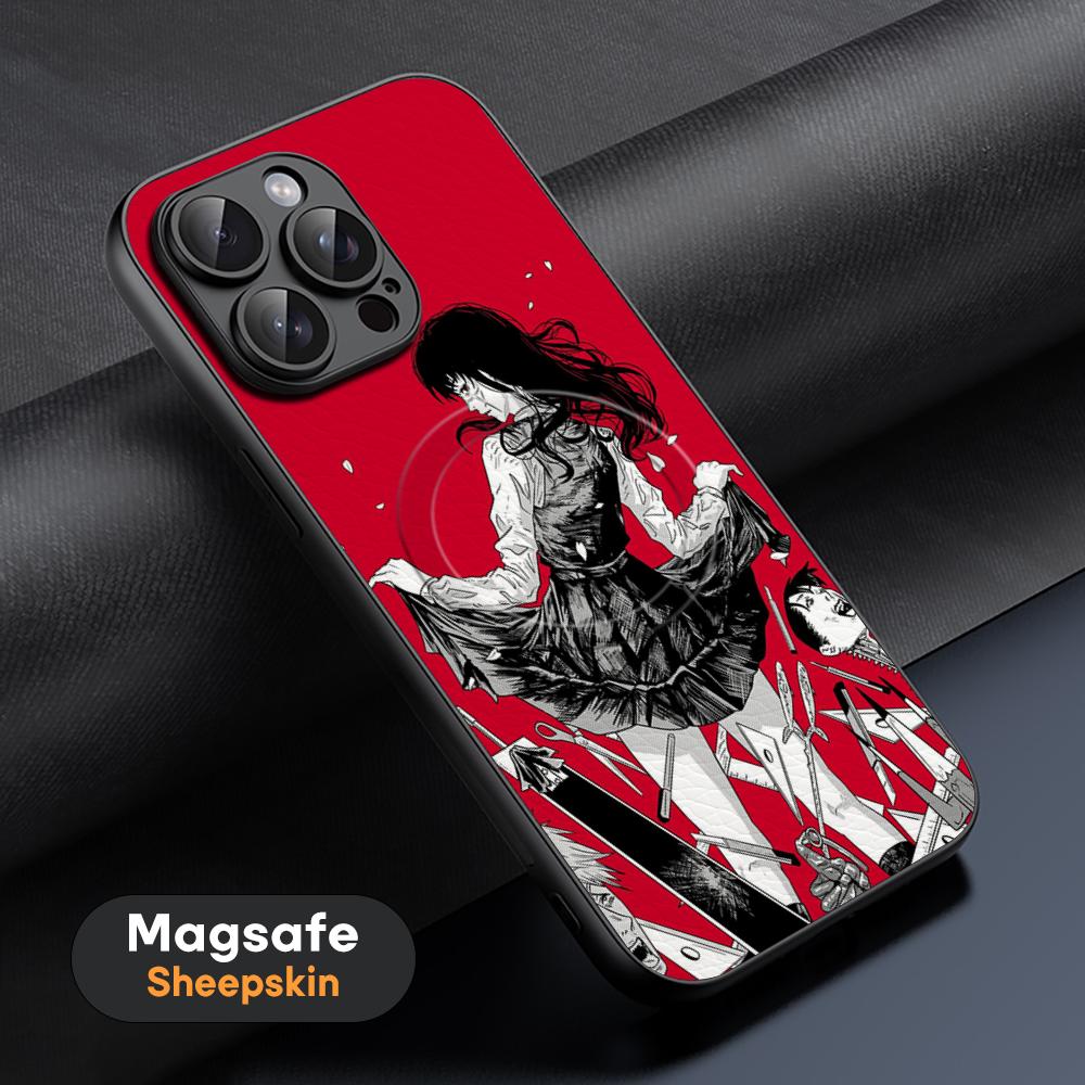Makima X mitaka asa Chainsaw Phone Case For iPhone 16 15 14 13 12 11 Plus Pro Max  High-end Luxury Magsafe Sheepskin