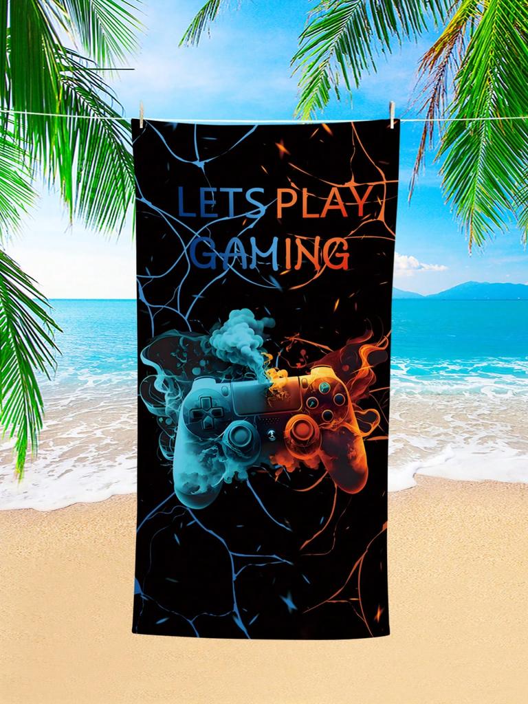 Cool Game Controller Patterned Beach Towel, Sun Protection, Windproof, Suitable For Swimming Pools, Camping, And Travel.