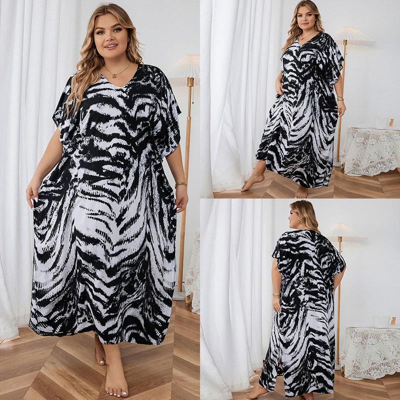 European-American Rayon Print Plus Size Beach Cover-Up Dress & Long Robe