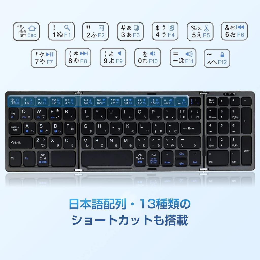 Ewin Original Wireless Folding Bluetooth Keyboard with Numeric Keypad, Japanese Layout, Kana Input, 3-Device Registration, One-Touch Switching,