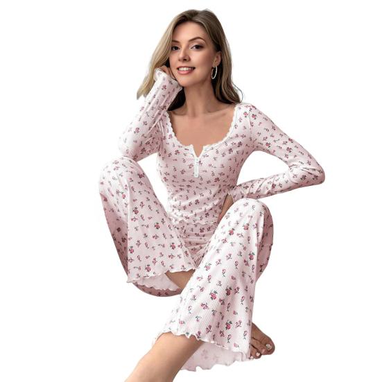 Dámská pyžamová souprava s dlouhým rukávem, volánovým lemem, výstřihem do V, crop topem a širokými kalhotami, souprava na spaní, květinový potisk, 2dílná pyžamová souprava