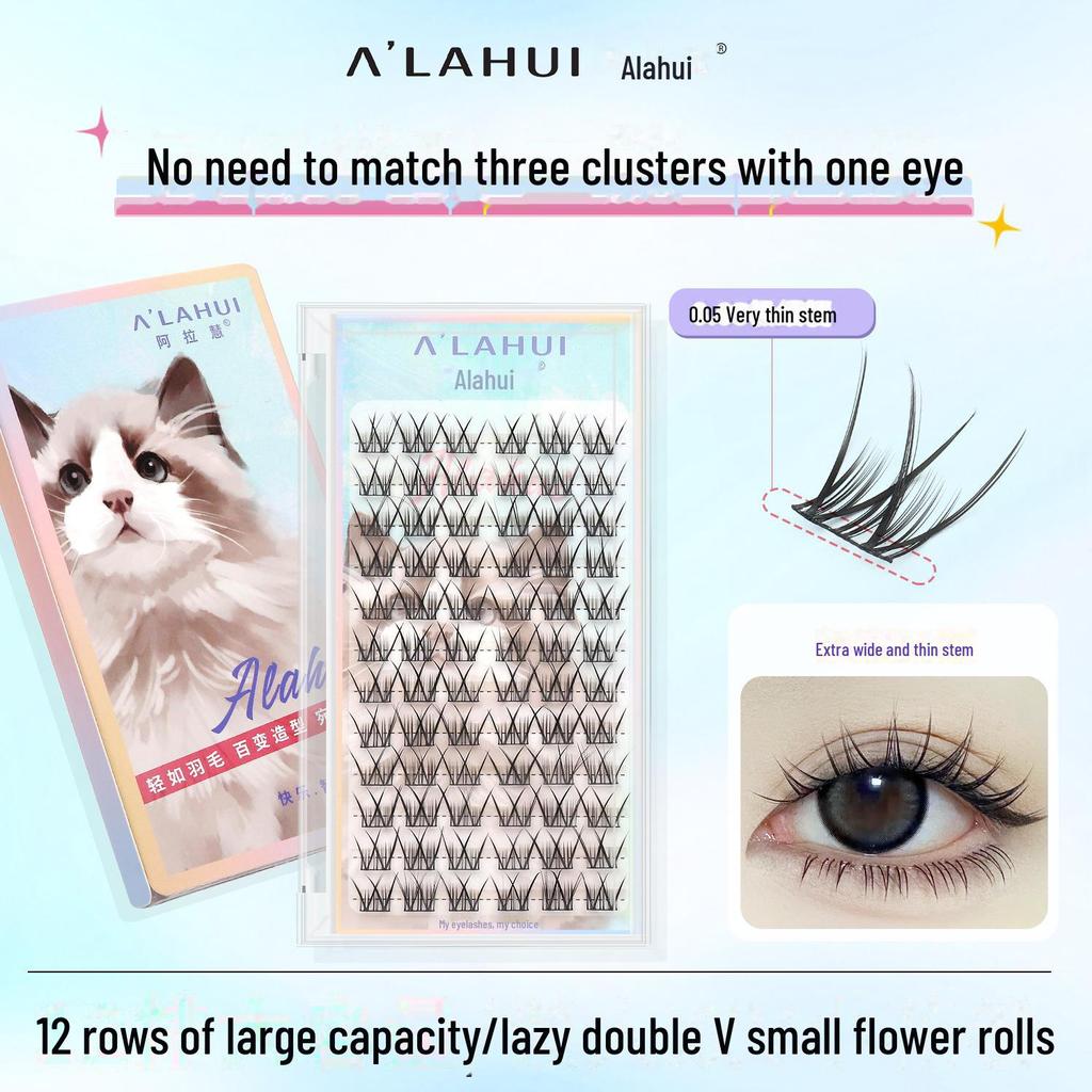 Lazy Eyelashes: Small Flower Curl, Double V, Thick, Natural-Look, Black Thin Stem False Eyelashes.