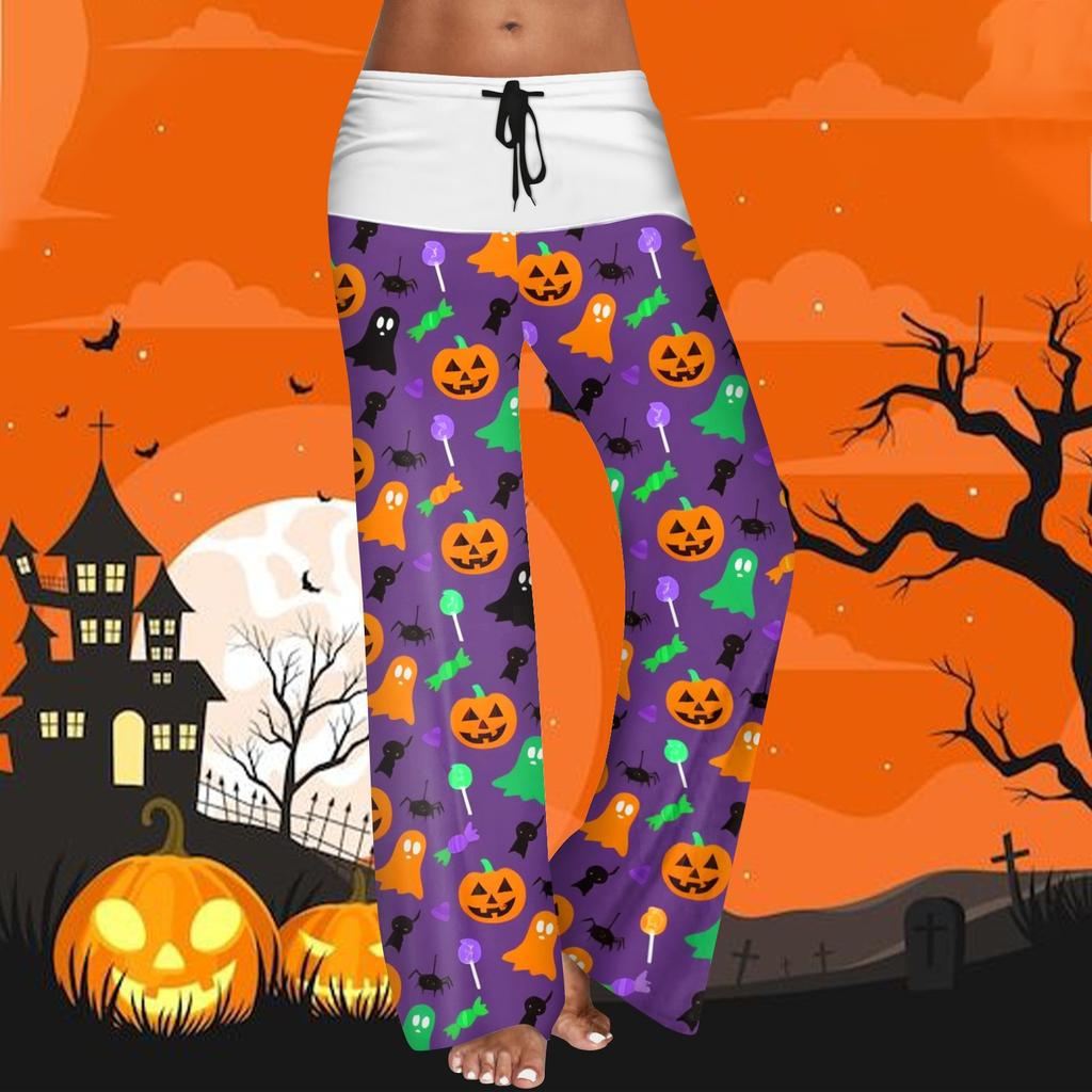 Women's Drawstring Elastic Waistband Wide Leg Color Matching Halloween Printed Casual Pants