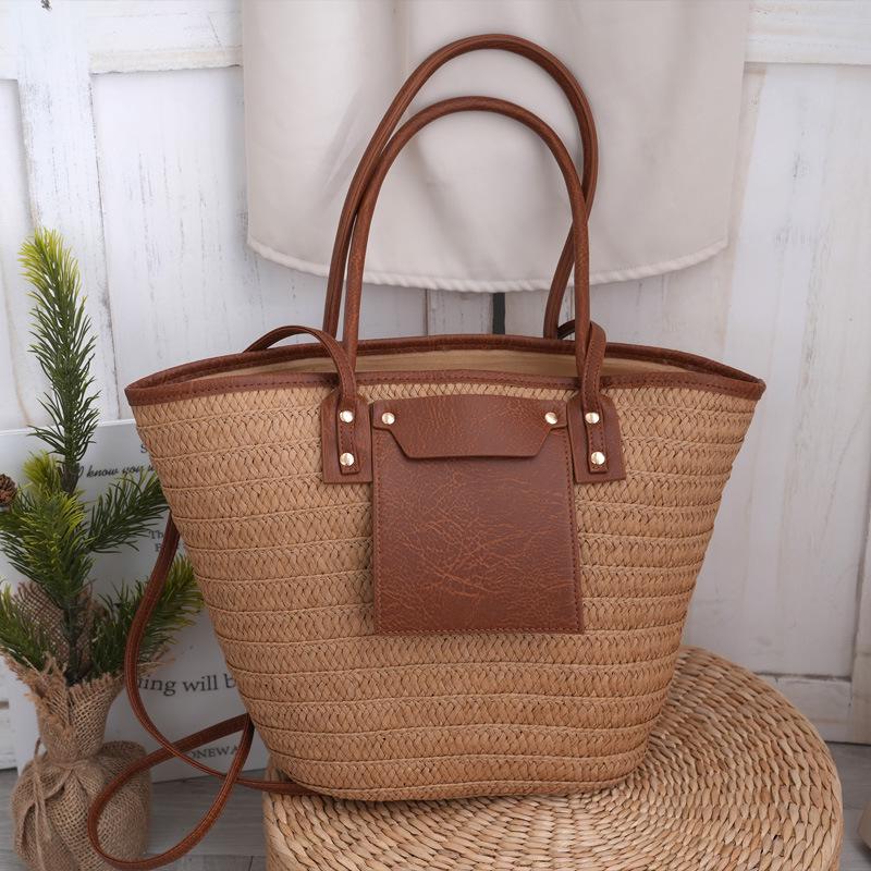 European & American Retro Women's Handmade Woven Straw Shoulder Bag, Casual Vacation Style