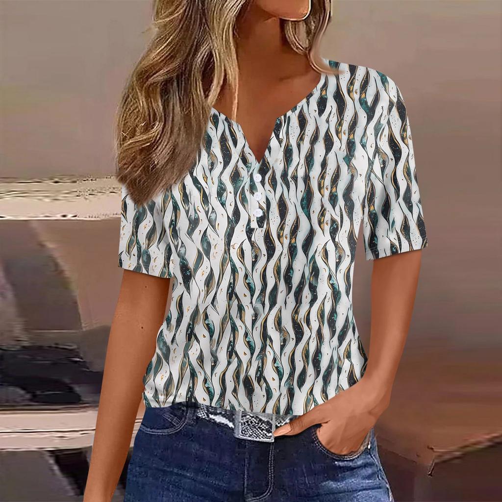 Women's T Shirt Print Button Short Sleeve Daily Weekend Fashion Basic V- Neck Regular Top