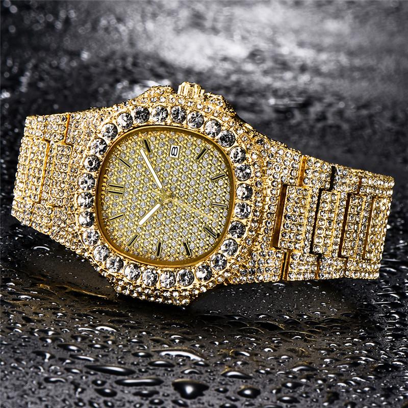 Men Hip Hop Full Diamond Luxury Brand Watches Fashion Alloy Band Golden Date Quartz Vintage Watch Montres De Marque De Luxe
