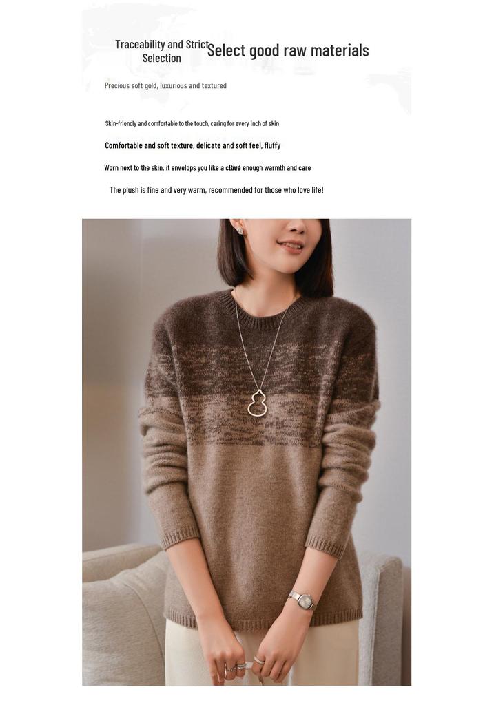 Gradient Patchwork Knit Wool Sweater for Women - 2024 Loose Round Neck Pullover, Simple and Versatile Fashion