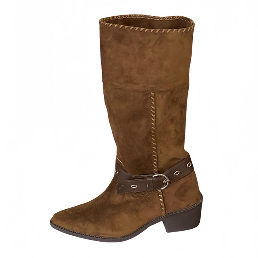 Coarse heel suede pointed boots women's 2025 autumn and winter new two-wear women's boots belt buckle sleeve western cowboy boots