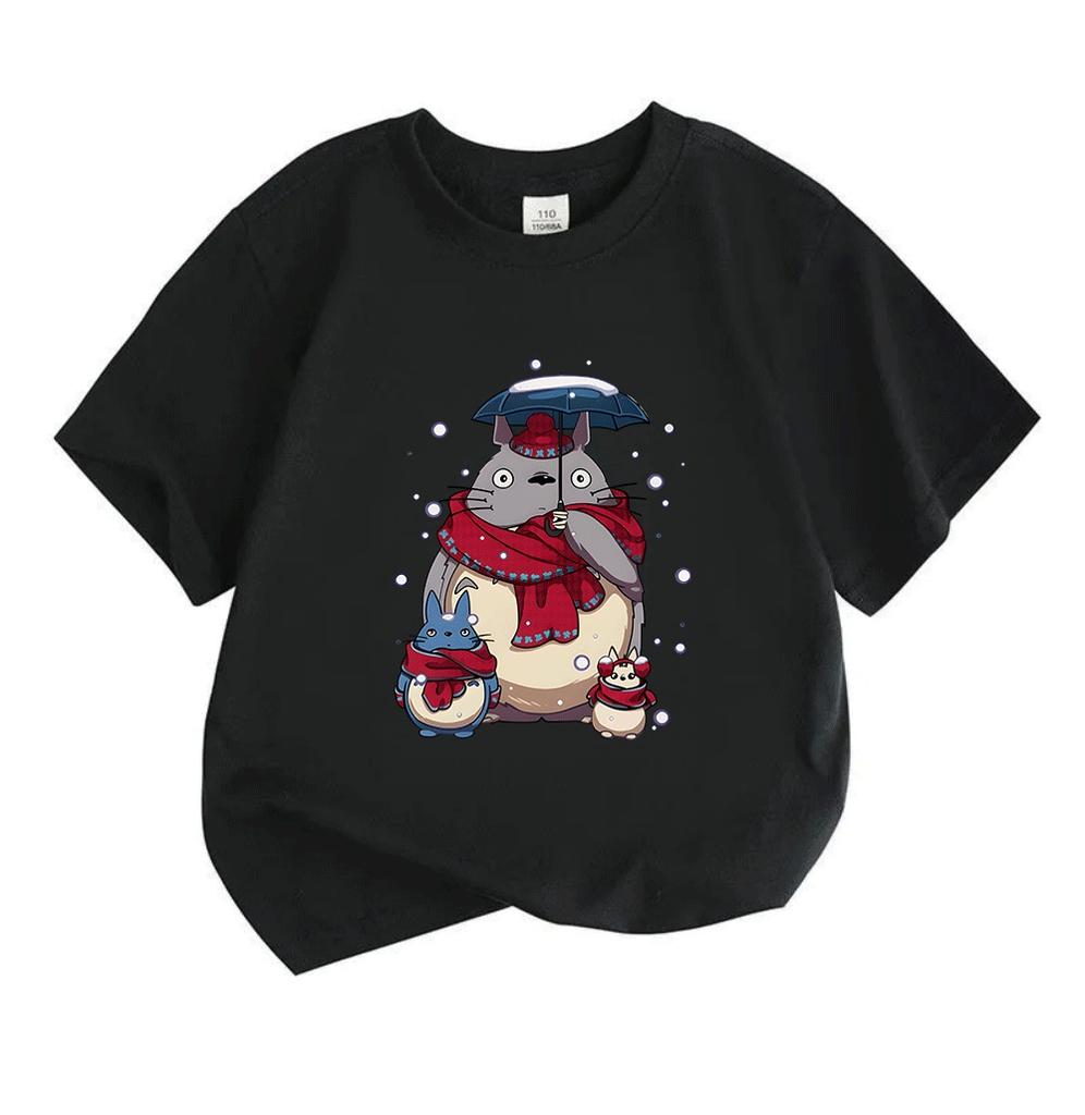 Kids Boys Girls 100% Cotton O-neck Short Sleeve T-shirt, Cute Winter Snow Totoro Family Print Casual Soft Pullover Tee for Daily Wear Holiday Gift