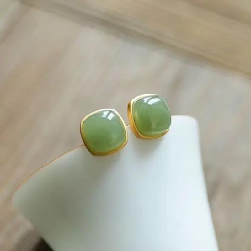 New In  Inlaid Natural Hetian Jasper Cold Classic Retro Square Earings Stud Chinese Palace Style Earrings For Women