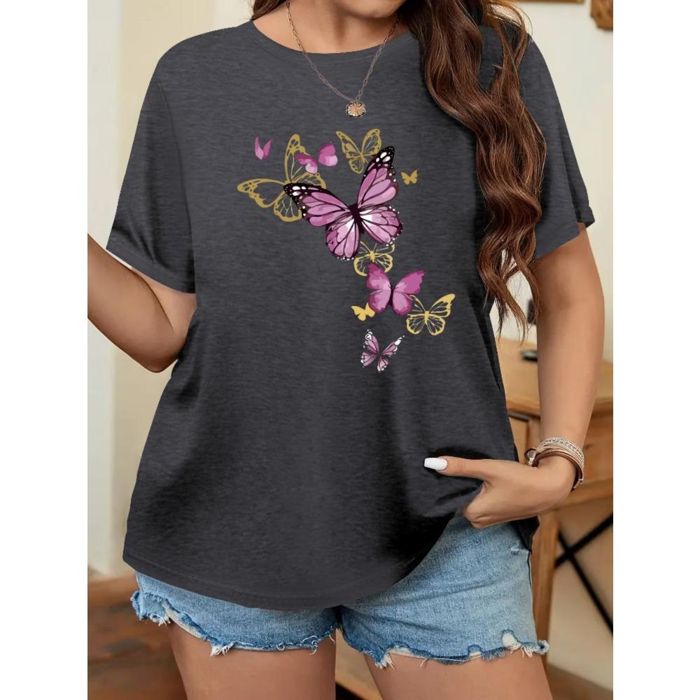 Butterfly Floral Print Women T-Shirt Summer Casual Short Sleeve Crewneck Tops Oversized Boho Flower Graphic Tee Summer Tops