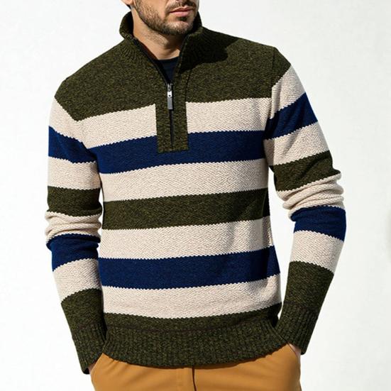 Men Knitted Sweater Color Block Zippered Half Turtleneck Pullover Tops Long Sleeve Half-Zipper Casual Pullover Tops