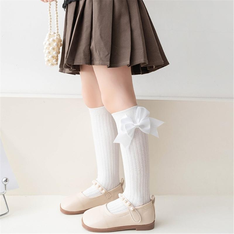 Girls Knee High Cotton Socks Big Ribbons Bow Back To School Socks, Ribbons Bows Long Socks Uniform Party Wear Stockings