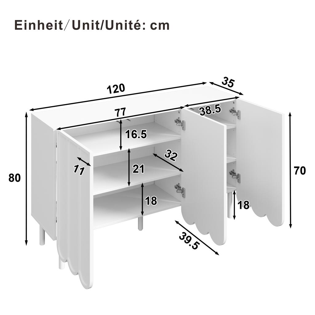 Modern White Sideboard with Wave Doors – 120x35x80 cm – Handleless, Adjustable Shelves – Storage for Living Room, Hallway & Dining Room