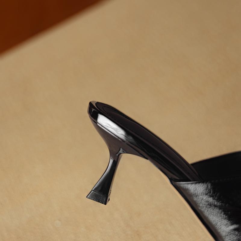 Fashion Women's New Summer Leather Cowhide Bow Elastic Band with Exposed Toes, Breathable High Heels, Square Toe Fashion Slippers