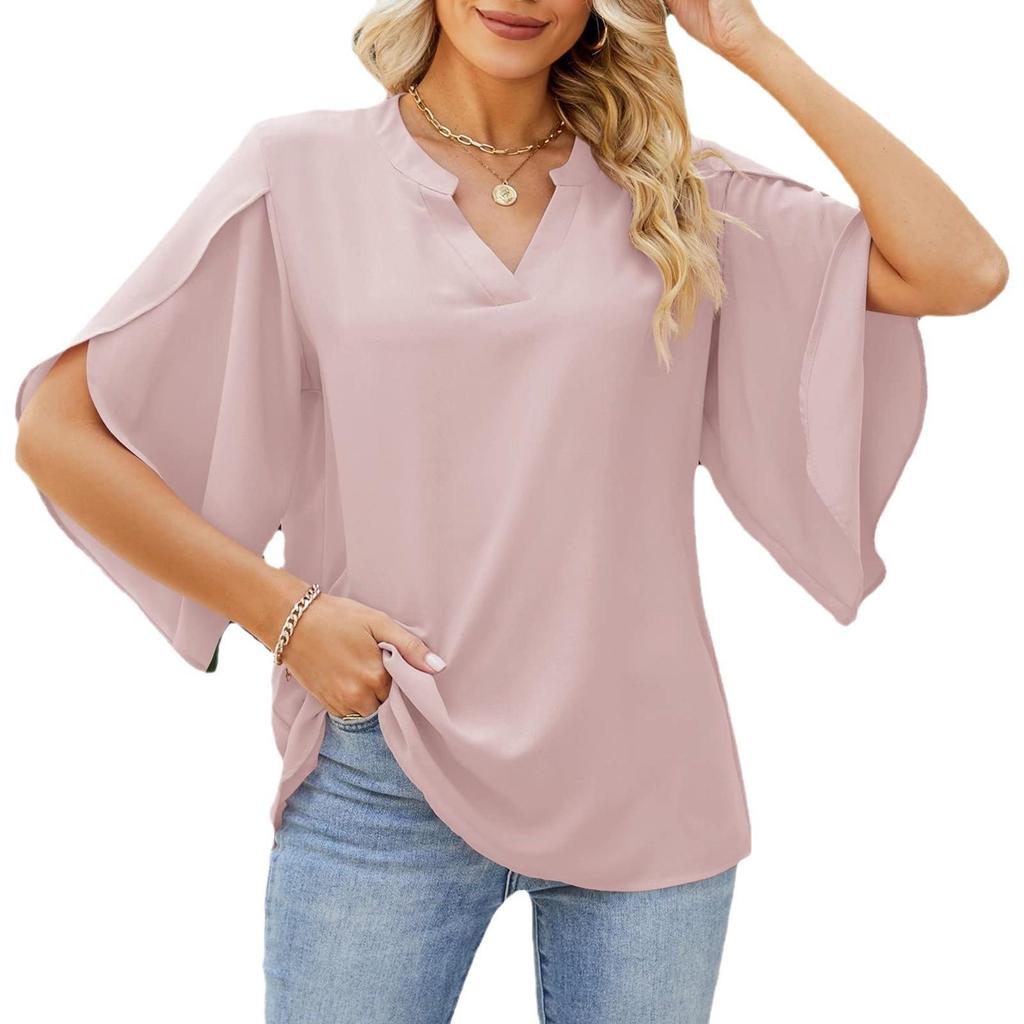 Autumn/Winter 2025 European & American Ruffle Edge Petal Sleeve Loose V-Neck Chiffon Top