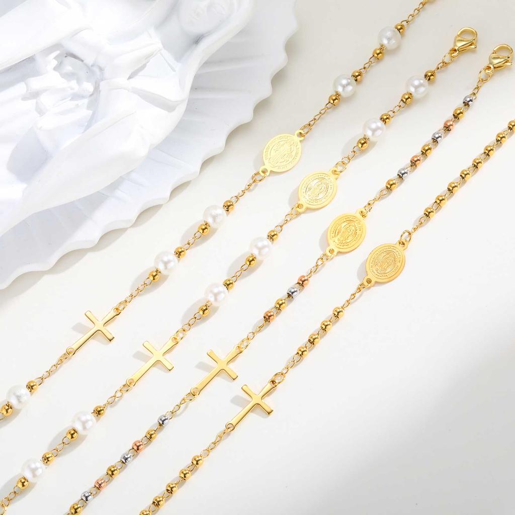 Holy Stainless Steel Cross Benedict Virgin Bracelet,Women's Gold Plated Beaded Chain Bracelets,Trendy Jewelry Gifts