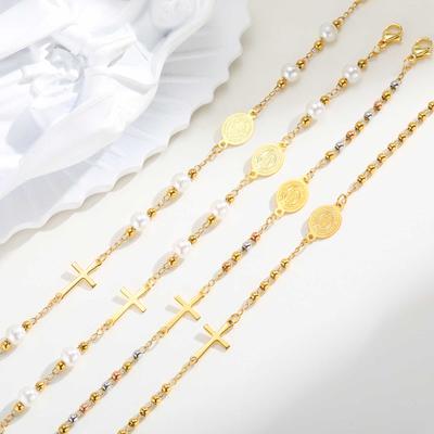 Imitation Pearl Holy Rosary Cross Virgin Mary Bracelet, Stainless Steel Round Beads Chain St Benedict Bracelet,Religious Jewelry