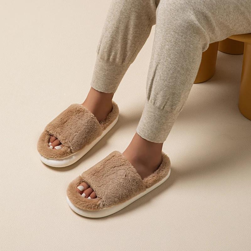 Fashion Faux Fur Keep Warm Slippers Women Winter Open Toe Thick Bottom Plush Slippers Woman Comfort Soft Non-Slip House Cotton Shoes