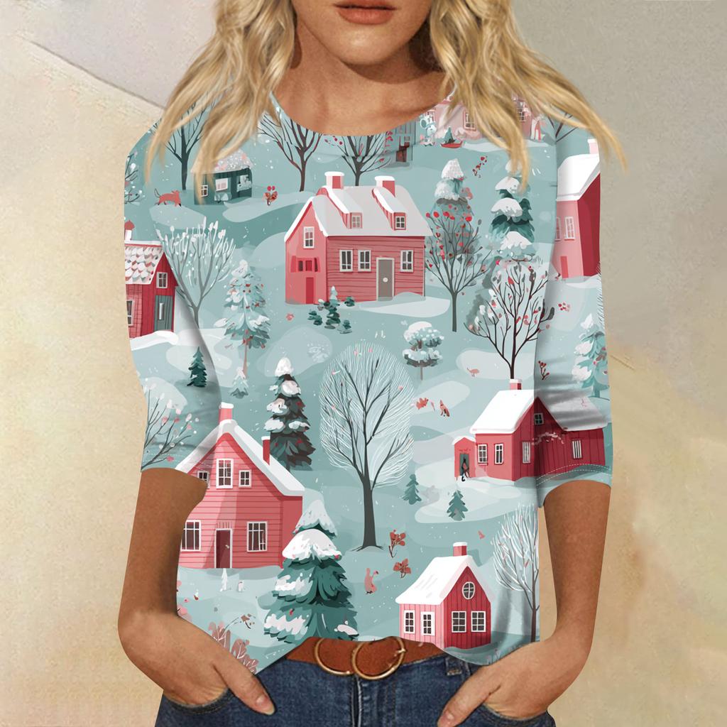 Women's Fashion Casual Round Neck Three-quarter Sleeve Christmas Print T-shirt Top