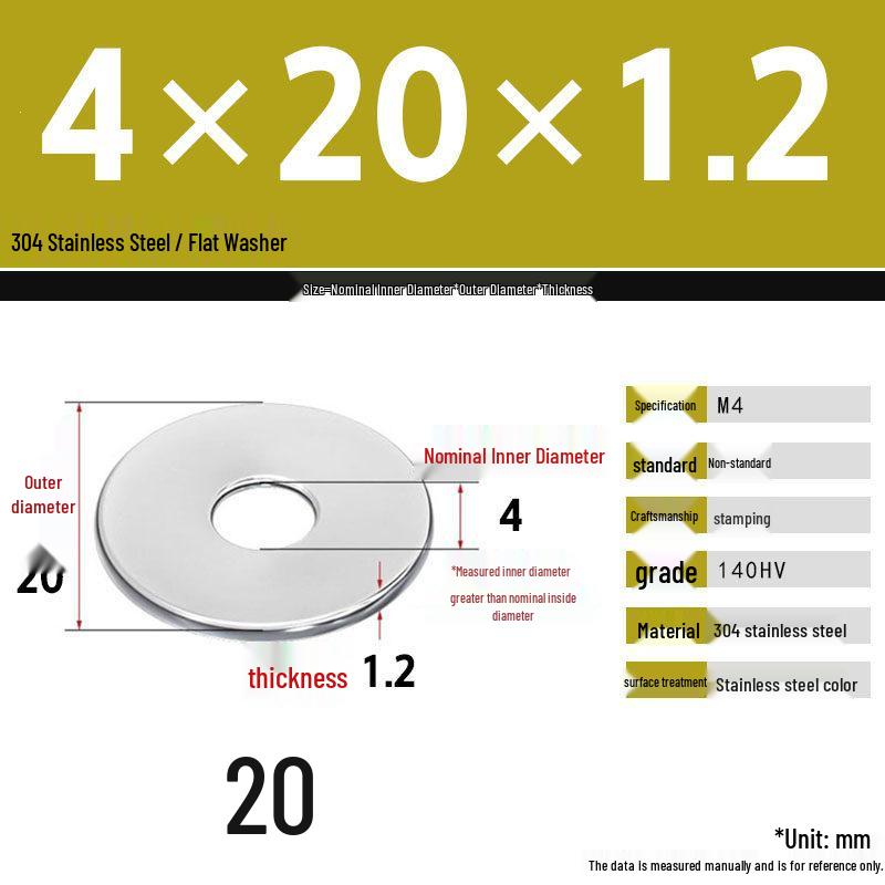 304 Stainless Steel Thickened Flat Washer Set, Sizes 2-36