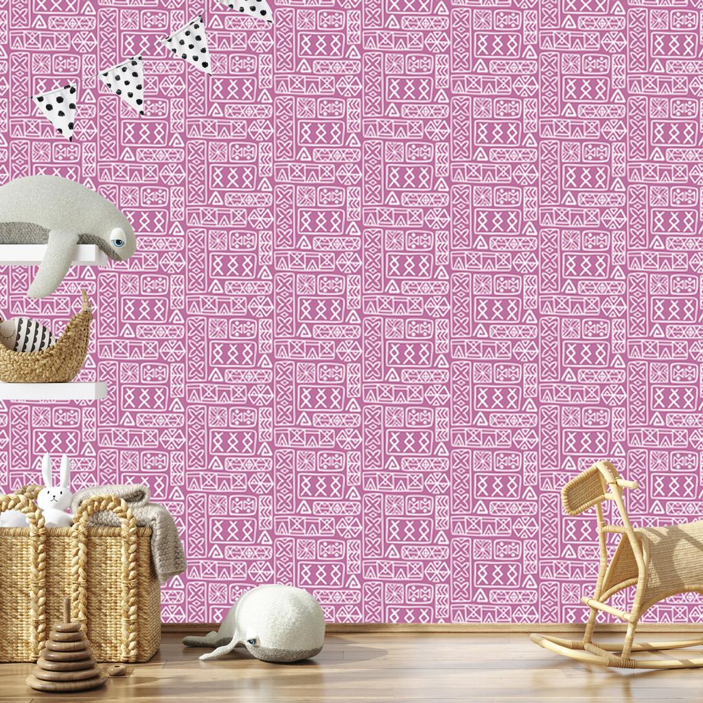 Polynesian Geometric Pattern Wallpaper Purple and Powder Pink 50x1000