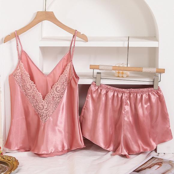 European & American Silk-Style Backless Camisole Shorts Set - Women's Summer Casual Pajamas