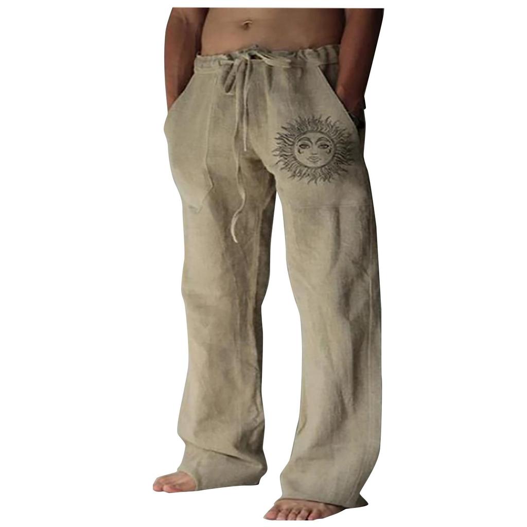 Pantaloni casual da uomo in lino di cotone tinta unita larghi Pantaloni con stampa cravatta elastica