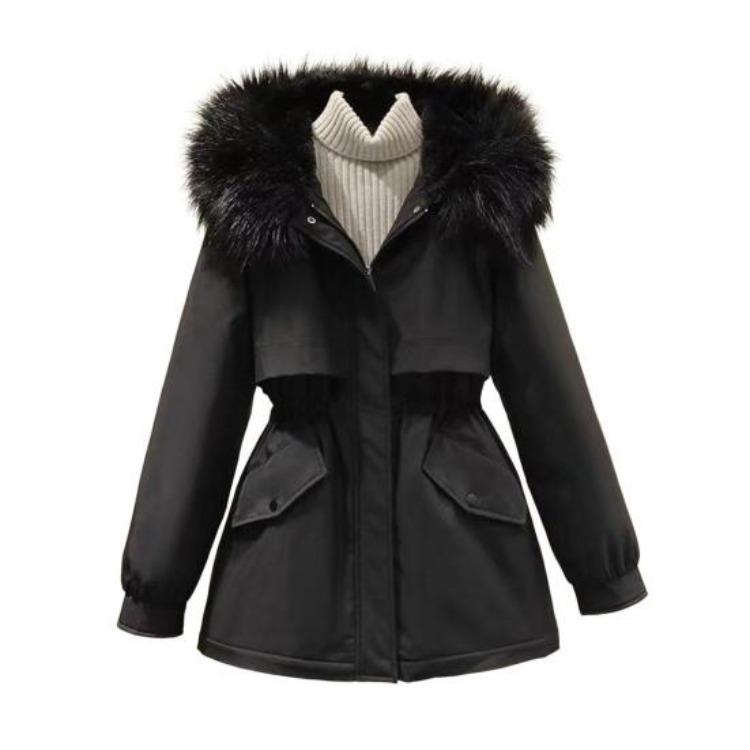 Winter Women Coat Furry Hood Thickened Plush Mid Length Jacket Long Sleeves Elastic Waist Windproof Pockets Zipper Closure