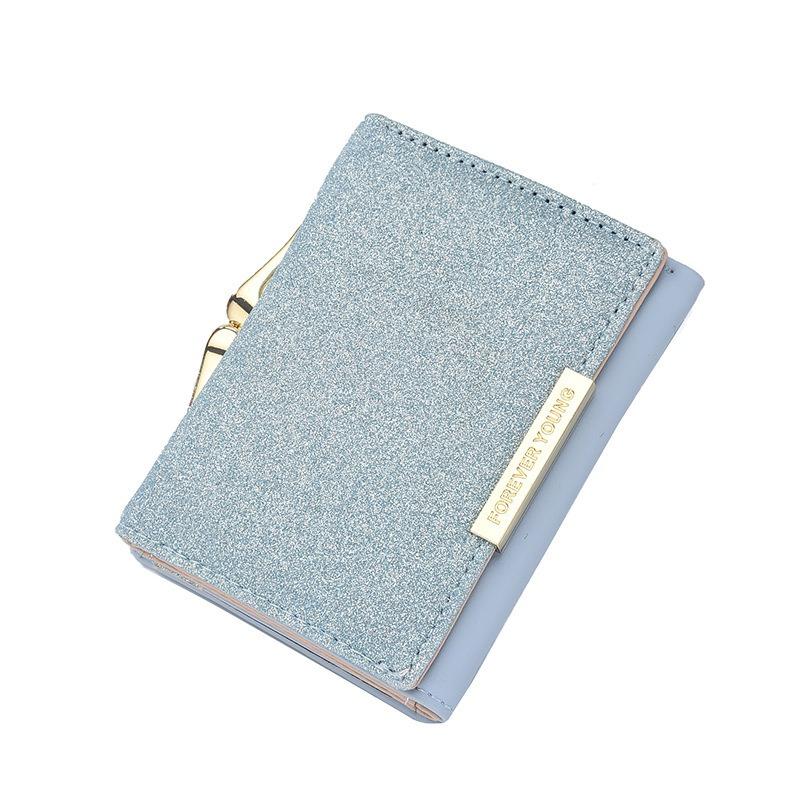 

Женский кошелек тройного сложения с пайетками, кошелек из коровьей кожи, кошельки для нескольких карт, кошелек, OEM 10.5X2.5X8cm небесно-голубой