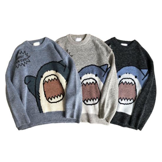 Herrenpullover mit Cartoon-Haifisch-Aufdruck, Rundhalsausschnitt, All-Match-Studentenpullover für den täglichen Gebrauch