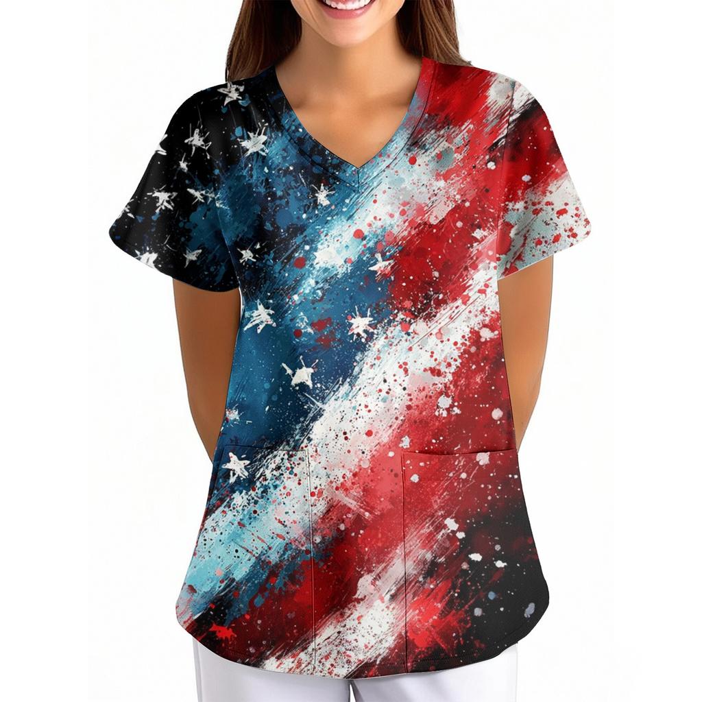Women's Independence Day Printed Loose V-Neck Pocket Short-Sleeve Caregiver/Uniform