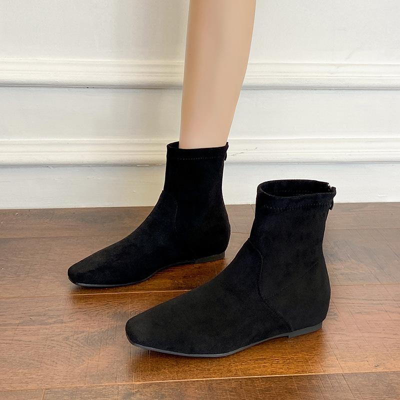 2025 Autumn and Winter New Square Head Short Boots Women's Shoes Versatile Flat Bottom Thin Boots Suede Flat Heel Martin Boots Single Boots