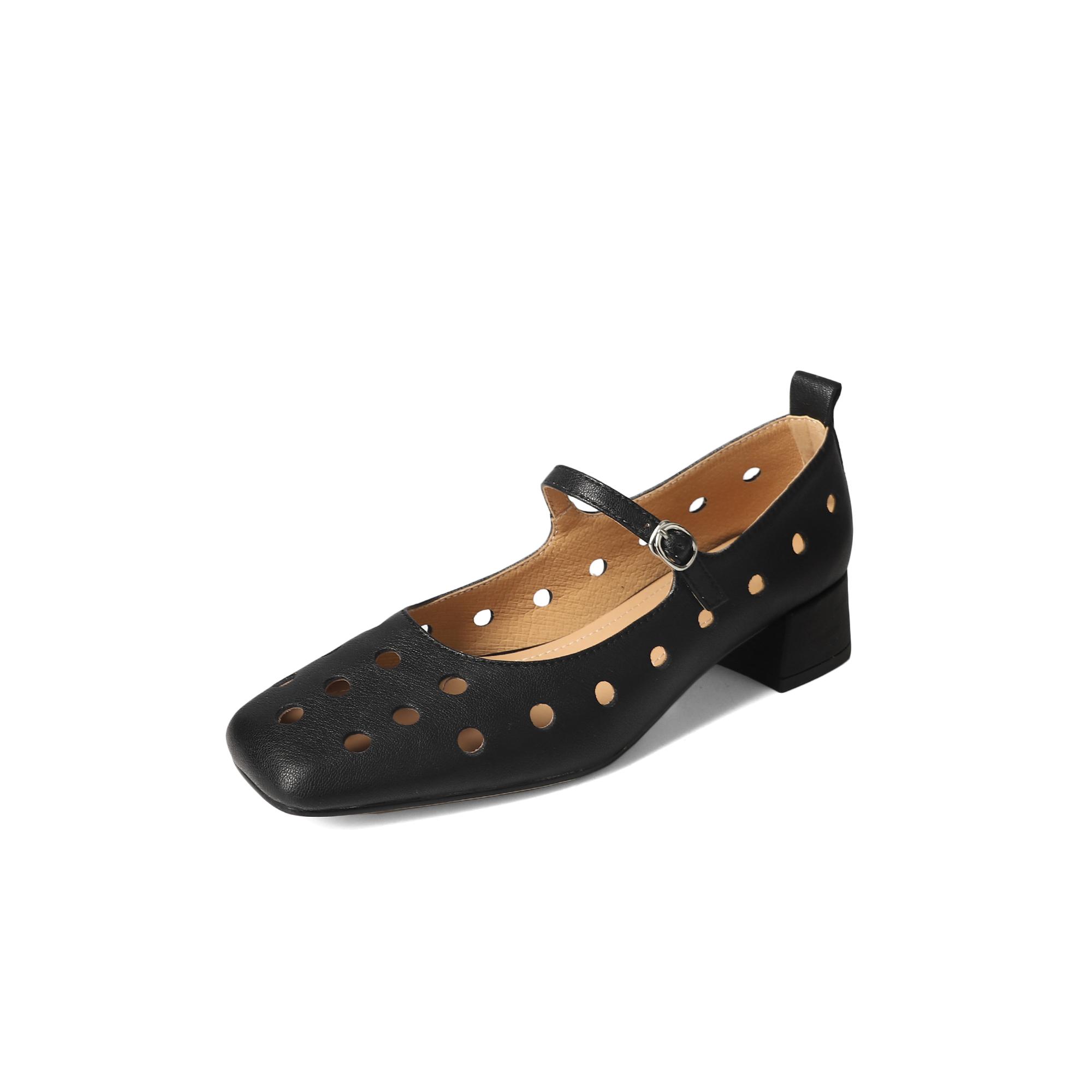 

Fashion 2025 New Hollowing Out Women Mid Heel Genuine Leather Buckles Spring Summer Fashion Soft Leather Shoes Mary Jane Shoes Woman 34 чёрный