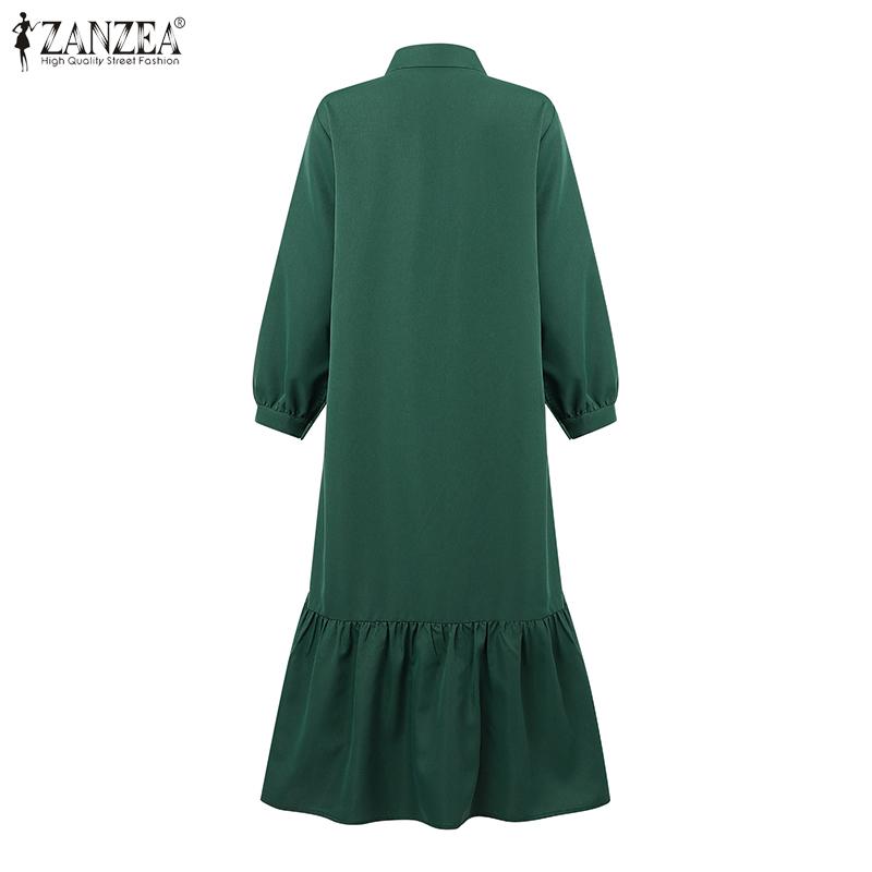 ZANZEA Women Casual Turn Down Collar Solid Color 3/4 Sleeve Loose Dress